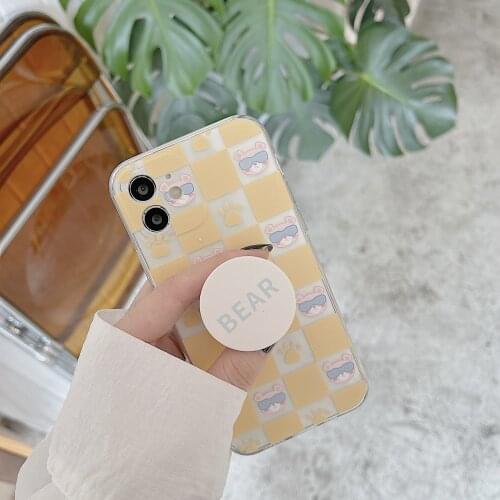 INS Korean bear yellow grid phone Case For iphone 6s 7 8 Puls X XR XSMAX 12 MINI 11pro Max SE cute stand transparent soft Cove