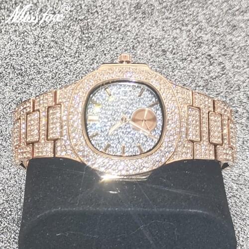 Iced Out Classic MISSFOX Men Watches Hip Hop Hot Sale Top Luxury Brand Full Diamond Steel Rose Gold Mens Quartz AAA Wristwatch