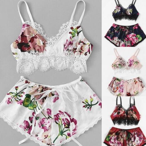 2PCS Women Underwear Sexy Silk Satin Lingerie Pajamas Crop Tops Bra+Shorts Sets Sexy Female V-Neck Sleeveless Nightwear