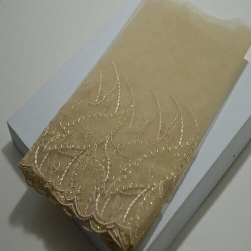 15Y Lace Trim Beige Mesh Gold Line Thread Flower Embroidered Scalloped Tulle Lace 22cm Wide High Quality Wedding Skirt Garment