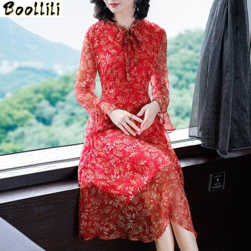 Boollili Summer Dress Women Clothes 2020 Silk Vintage Red Dress for Women Floral Party Dress Elegant Ladies Dresses Vestidos