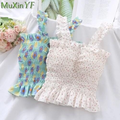 2021 Summer Girls Sweet Ruffles Slim Tank Tops Women Fashion Short Sleeveless Camisole Ladies Beach Travel Print Sling Clothing