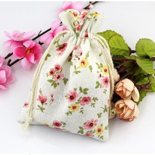 Hot Sale 10pcs 10x14cm Pink Flowers Cotton Bags Wedding Favor Drawstring Gift Bag Cute Candy Gift Jewelry Packaging Bags Pouches