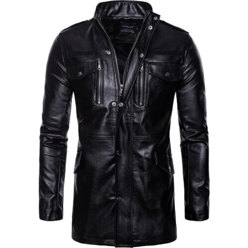 Autumn New Long Leather Jacket Collar Four Pockets Motorcycle Leather Jacket Men Leather Jackets Jackets and Coats Men Clothes