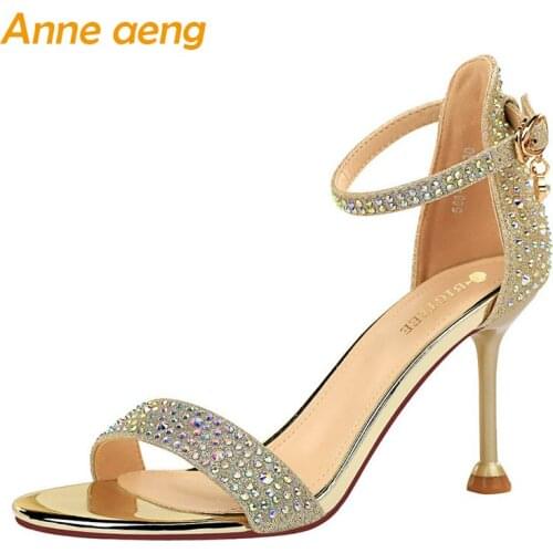 2020 New Summer Women Ankle Strap Sandals High Thin Heel Pointed Toe Bling Crystal Party Sexy Ladies Women Shoes Gold High Heels