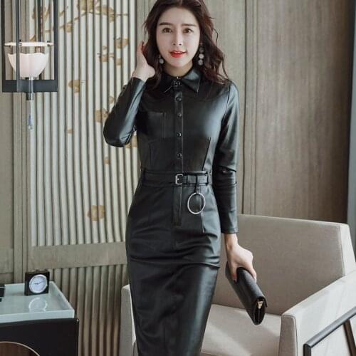 New Womens Clothing Slim Fit Pu Dresses High Imitation Leather Dresses Elegant Womens Dresses Womens Autumn Winter Clothing