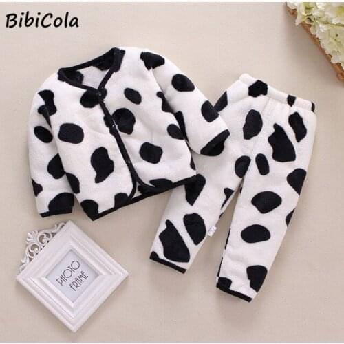 Baby Boy Girl Clothes Pajamas Set Coral fleeceToddler Child Warm Catoon Cow print Sleepwear Home Suit Winter Fall Spring 0-24M