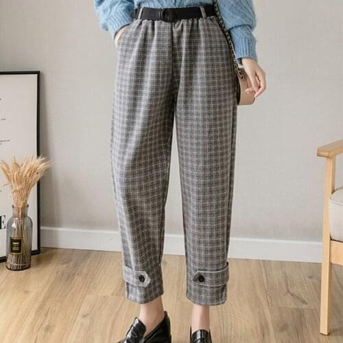 Autumn Winter Casual Loose Vintage with Sashes High Waist Women Pants Women New Fashion Plus Size Plaid Nine Length Harem Pants