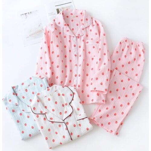 Strawberry Long-sleeved Trousers Pajama Set 100% Cotton Crepe Cloth Pijama Mujer Printing Sleepwear Plus Size Woman Home Clothes