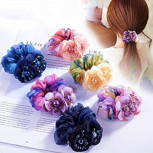Yarn Elastic Hair Band Tie Rubber Bow For Women Girl Korean Fabric Flower Scrunchies Gem Fashion Head Accessories Wholesale