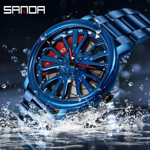 SANDA 2020 Fashion New Men Watch Steel Strap Creative Wheel Dial Car Watches Waterproof Quartz Wristwatch Montre Homme QW035