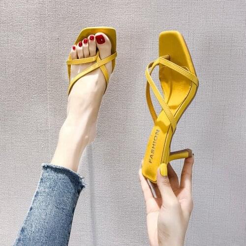 Sexy High Heels Shoes Women Square Heel Slippers Women 2021 New Summer Square Toe Sandals Slides Ladies Shoes Black Size 42