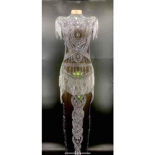 Silver Crystays Fringes Black Mesh Transparent Long Dress Evening Birthday Celebrate Luxurious Costume Stretch Flashing Dress