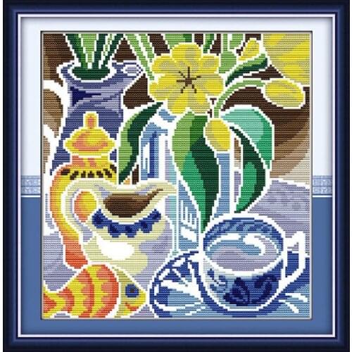 Blue and White Porcelain Flowers Stamped Cross Stitch Patterns Kits Printed 11CT 14CT Counted Cross Stitch Embroidered Paintings