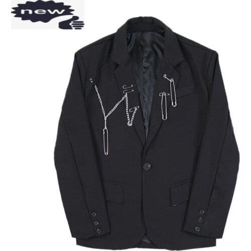 Autumn Vintage Personality Coat Mens Fashion Chain Brooch Black Blazers Casual Loose Fit Male Suit Jackets Elegant Blazer