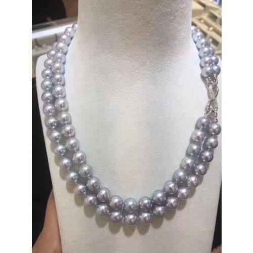 Natural two strands 9-10mm south sea light grey pearl necklace43-46cm