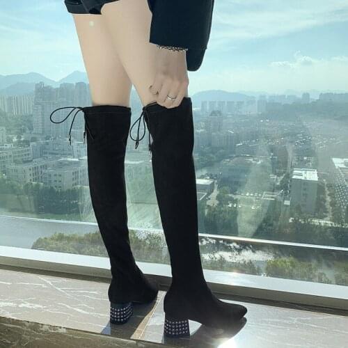 2021 Winter Pointed Toe Long Boots Over The Knee Stretch Fabrics Crystal Bling Thick High Heel Slip on Shoes Woman Women Boots