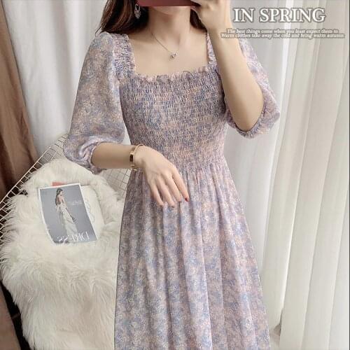 Summer Slim Fairy Chiffon Long Dress Women Square Collar Printed Floral Dress Women