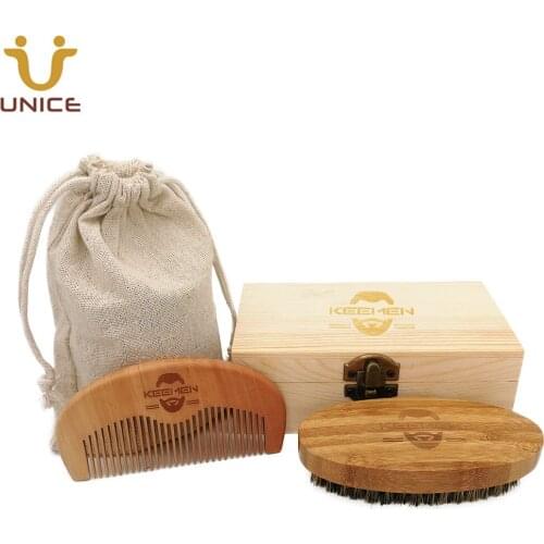 100pcs/lot Customized LOGO Beard Care Kits Tool Wood Combs And Bamboo Beard Brush Boar Bristle Brush Kits Gift Box & Linen Pouch