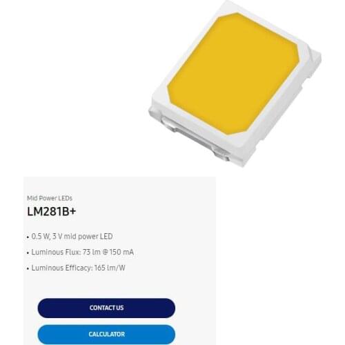 202 lm/W Higher Efficacy Mid Power LEDs LM281B+ Pro 0.5 W, 3 V mid power LED Luminous Flux: 35.5 lm @ 65 mA