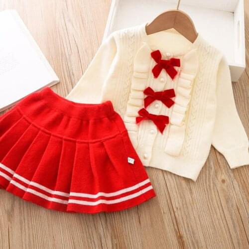 Brand New Baby Girls Knit Clothing Set Autumn Winter Sweaters+skirts Sweet Bow Soft Kids Children Princess Birthday 2pcs Clothes