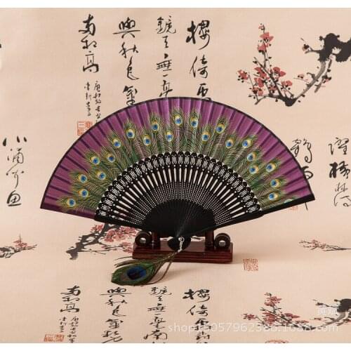 50pcs/lot Vintage Retro Peacock Folding Fan Hand Bamboo Silk Dance Fans Home Decoration Great Gifts For Friend