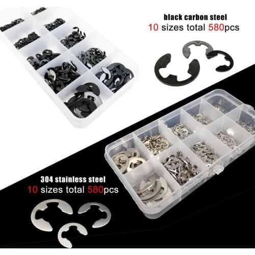 580pcs M1.5 M2 M3 M3.5 M4 M5 M6 M8 M10 304 Stainless Steel Black Steel Shaft External Retaining Ring E Clip Snap Circlip Washer