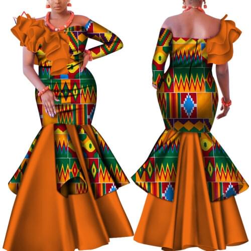 Dashiki African Dress for Women Bazin Riche One-Shoulder Sexy Slash Neck Wedding Party Dress Traditional African Clothing WY4224