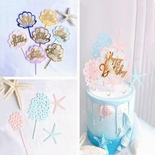 Glittering Shell Birthday Cake Topper Pink Gold Coral Reef starfish happy Birthday cake Decoration Kids Birthday cupcake Toppers