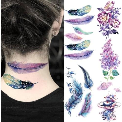 Colored Feathers Temporary Tattoos For Women Kids Flower Lavender Peony Fake Tattoo Sticker Waterproof Body Art Painting Tatoos