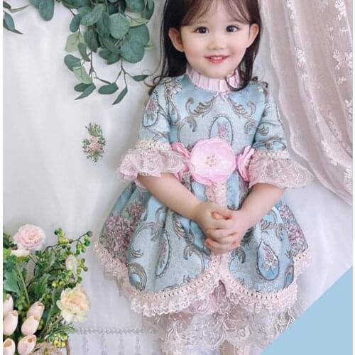 Children summer vintage lace stitching Girls Spain Lolita Kids half Sleeve Ball Gowns birthday party princess dress