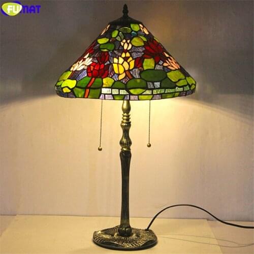 FUMAT Tiffany Style Stained Glass Table Light Multicolor Rose Lotus Flower Lampshade Arts House Decor Alloy Frame Rero Desk Lamp