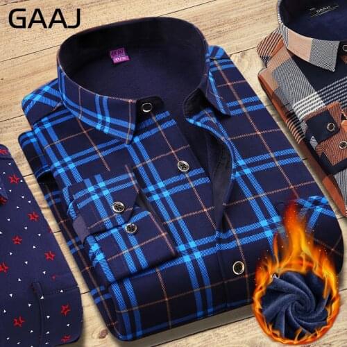 GAAJ Men Shirt Long Sleeve Floral Formal Fashion Print Plaid Checkered Casual Shirts Cotton Social Shirts Warm With Fur For Mens