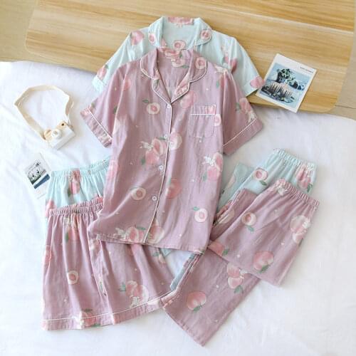 Womens 3-piece Set Pajamas Summer Thin Cotton Homewear Female Short Sleeve Shorts Trousers Suits For Women Cartoon Loungewear