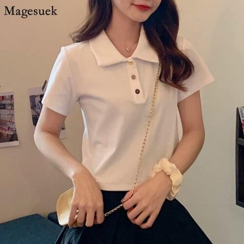 Korean Short Sleeve Slim T-Shirt Women Summer Cotton Tee Shirt Tops Elastic Polo Collar Casual Solid White Woman T-shirts 13330