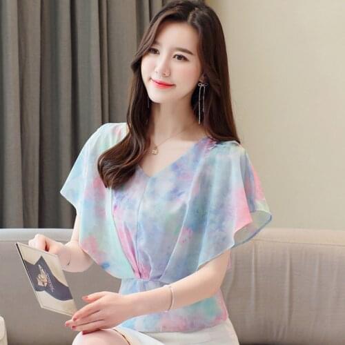 Korean Version Women Fashion Bat Sleeve Casual Blouses Shirts Print Bare Shoulders Temperament Tops Chiffon BlusasMM0212