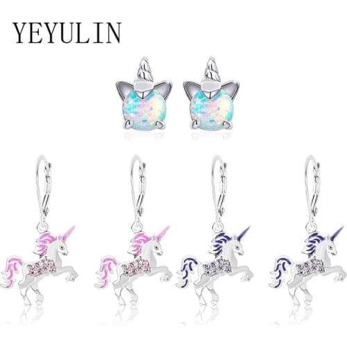 Fashion Enamel Crystal Unicorn Drop Earrings For Women Girls Animal Dangle Earrings Wedding Jewelry Gifts