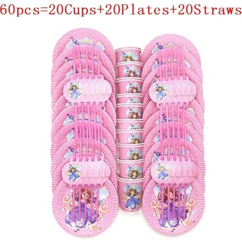 30/60pcs Sofia Princess Theme Party Tableware Sets Disposable Paper Plate Cup Straws Happy 1ST Birthday Party Supplies For Girls