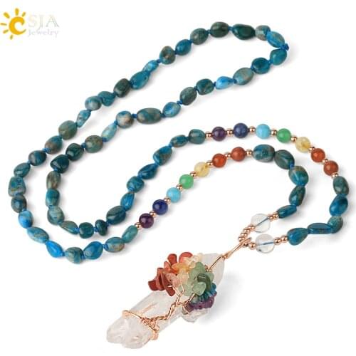 CSJA Irregular Natural Stone 7 Chakra Long Necklace Knotted Tumbled Bead Rose Gold-color Wire Wrap Life Tree Pendant Female G382
