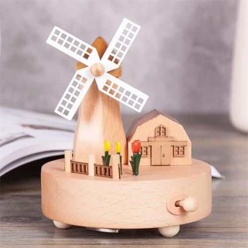 New Romantic Windmill Music Box Wooden Rotating Music Box Crafts Retro Home Decoration Childrens Toys Christmas Birthday Gift