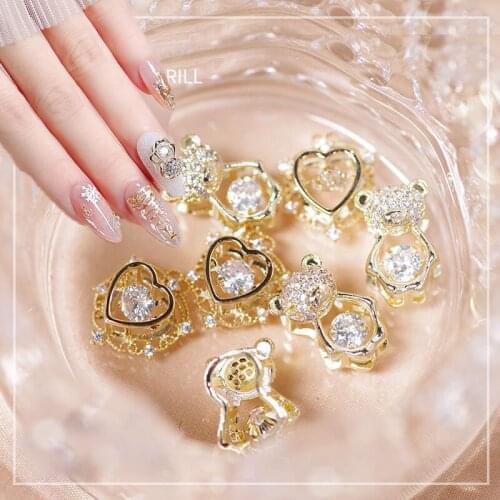 New！！！1 Pc Gold 12*13cm Heart Shapes Rotatable Diamonds-Inlay Charms Luxurious Nail Gems Art 10*12CM Bear Silver Metal Stones #3