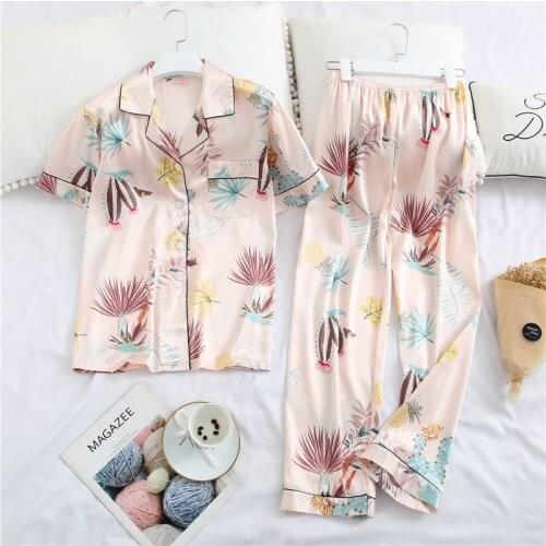 Short Sleeve Pajamas Suit With Buttons Satin Sleepwear Casual 2PCS Sleep Top&Pants Sets Lapel Home Wear Summer Comfy Lingerie