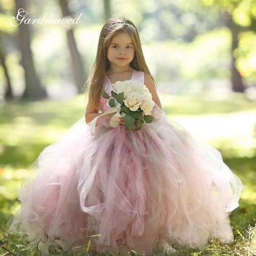 Gardenwed Puffy A-line Flower Girl Dresses Kids Satin Bow Sashes Communion Dress Tulle Lace Flower Scoop Ball Gown,Princess Dres