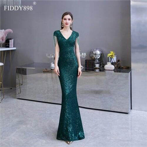 Dark Green Evening Dress Long Sleeveless V Neck Mermaid Evening Gown 2020 Shiny Sequin Prom Dress Floor Length abendkleider