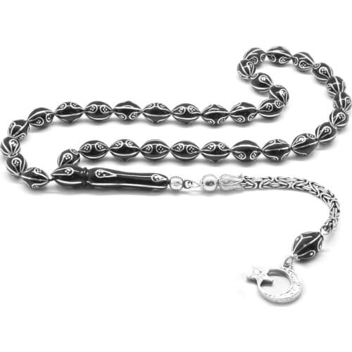 Tesbihane 925 Sterling Silver King Tassels Silver Engraved Barley Cut Erzurum Oltu stone Rosary