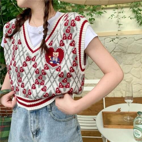 Womens Knitted Vest Korean Kawaii Bear Embroidery Cute Vests Women Loose V-neck Pullover Waistcoat Short Style Sleeveless Tops