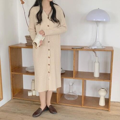 Womens Long Dress Knitted Long Sweater Dress Single Breasted Loose Oversized Woman Dresses