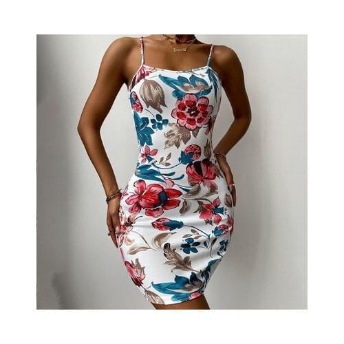 Womens Summer Dress Spaghetti Strap Sleeveless Cover The Hips Floral Printed Collect Sexy Slim Skirt Hem Mini Dress 2021