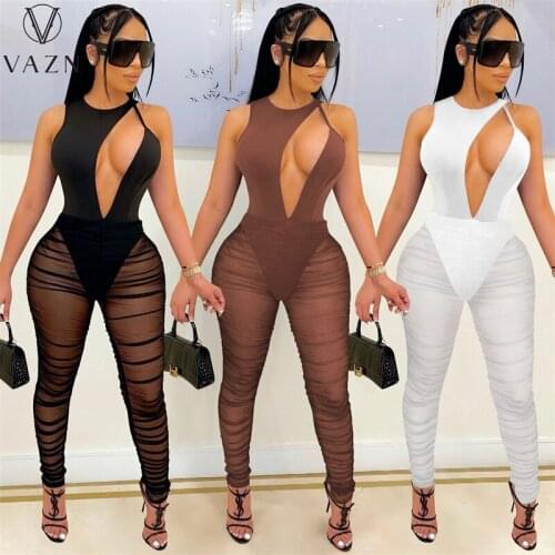 VAZN 2021 INS See Through Night Party Lady Sexy Young Hollow Out Open Halter Off Shoulder Women Slim Long Pencil Jumpsuits
