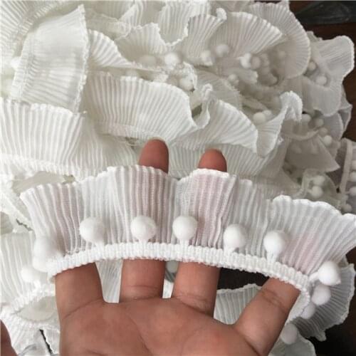 5yard/Lot 4cm Ruffles Lace Chiffion Polyester Lace Trim Pom Pom Trim in Lace Fold Dress Accessories Z1199